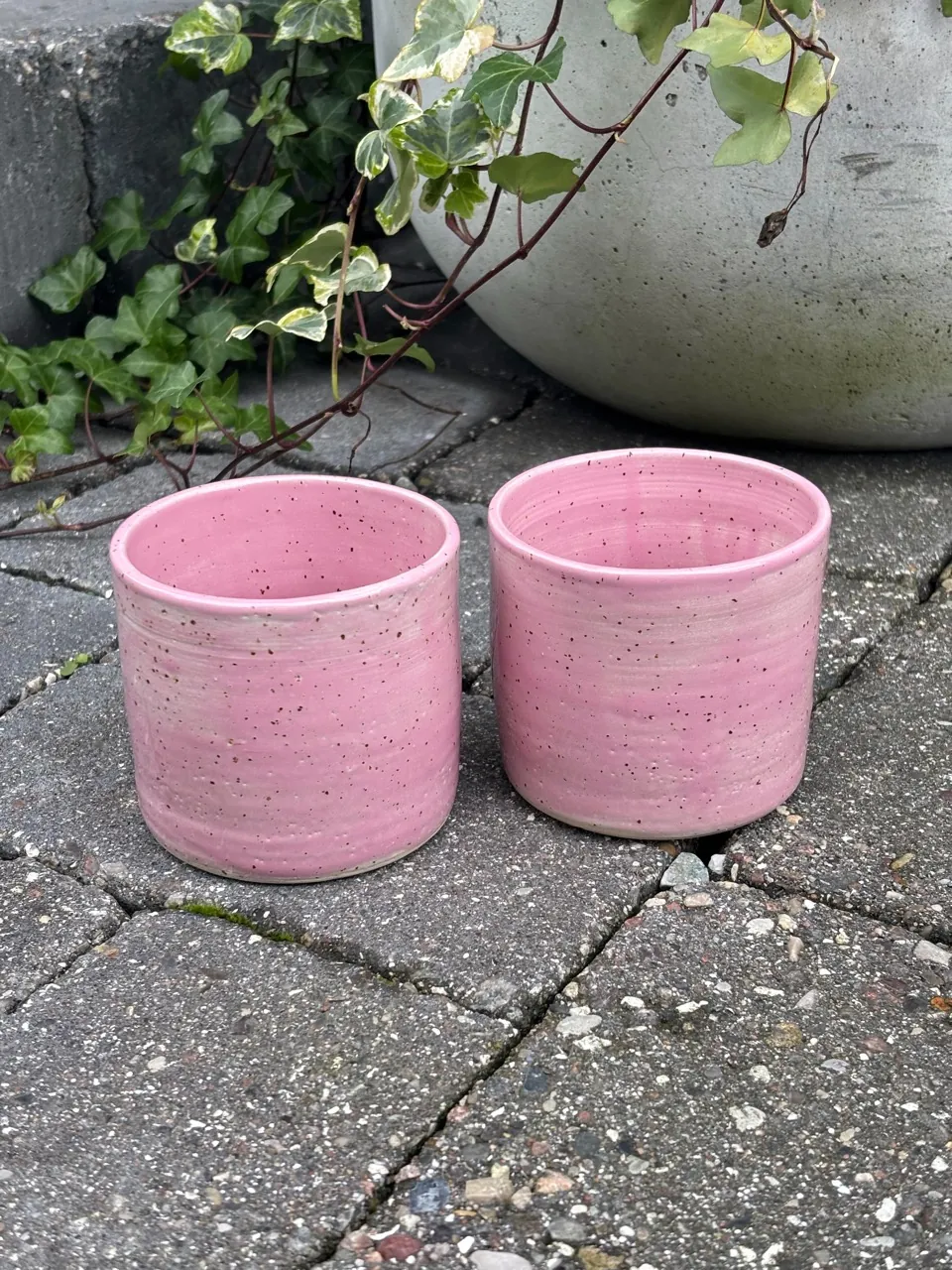 Två rosa bägare med mörka fräknar.